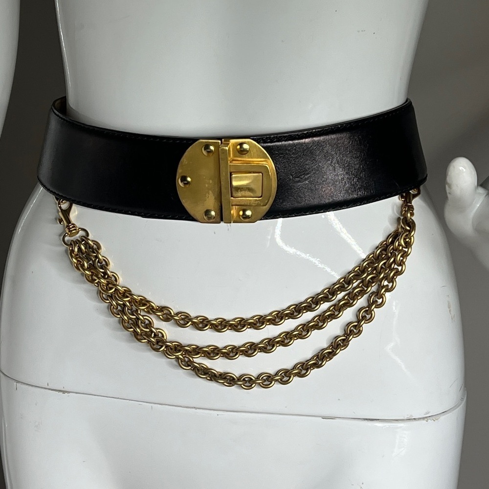Donna Karan New York 1990’s Black & Gold 34” Adjustable Waist Belt w Chain
